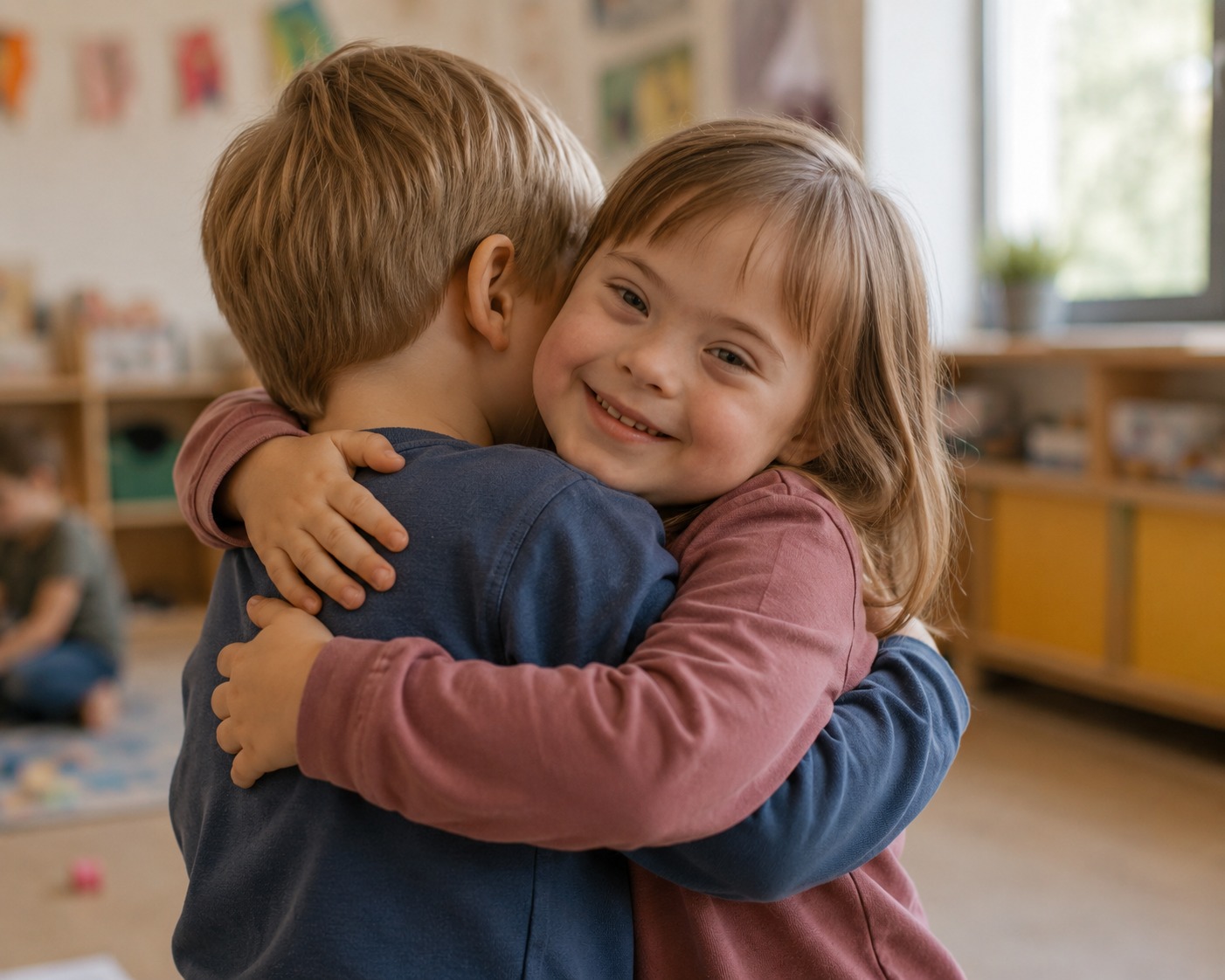 Zwei Kinder umarmen sich im Klassenraum