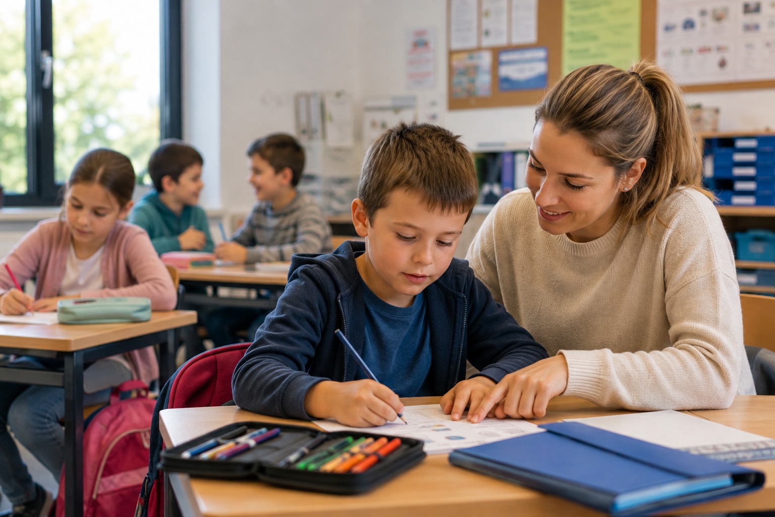 Schulbegleitung unterstützt ein Kind im Unterricht